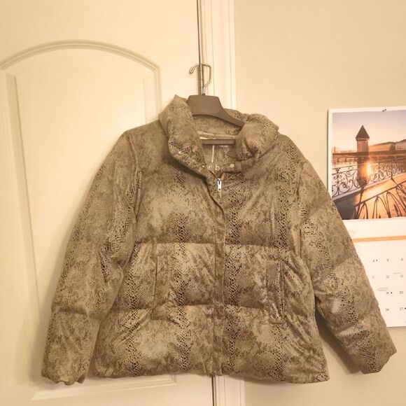 Tyler Boe Tan Python-Print Puffer Bomber Jacket Size L - Picture 1 of 10